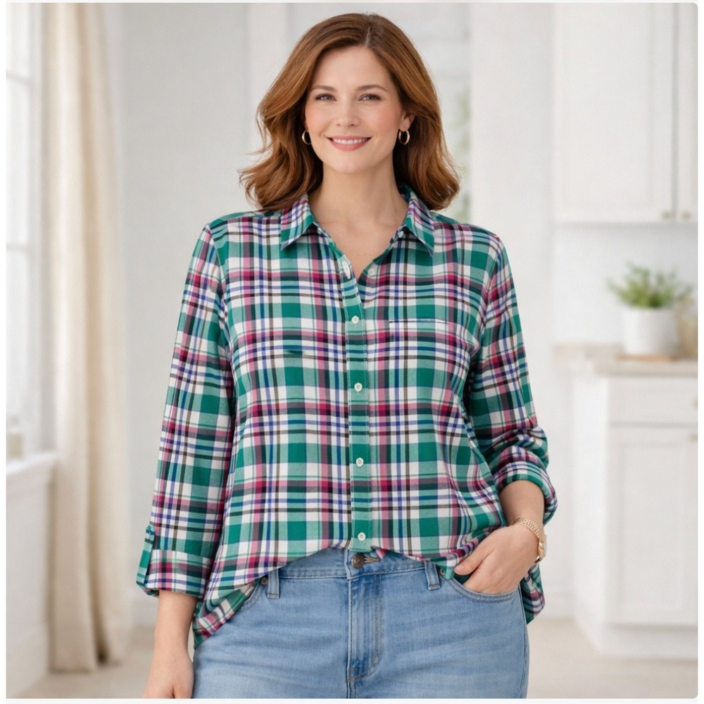 Talbots Plaid Button Down Shirt 2X Green Pink Preppy Cottagecore Classic‎